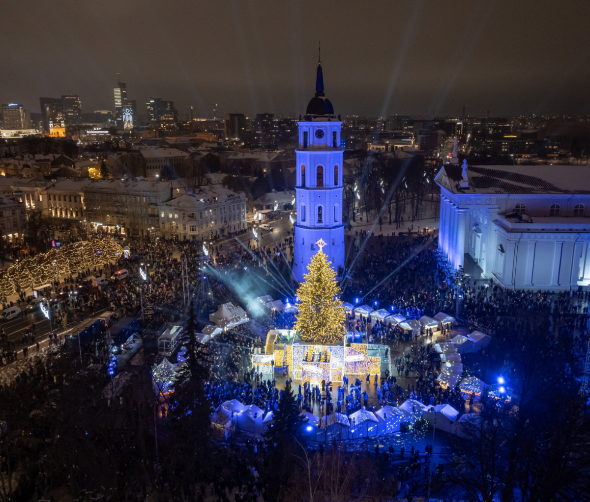 A lit christmas tree in Vilnius, Lithuania