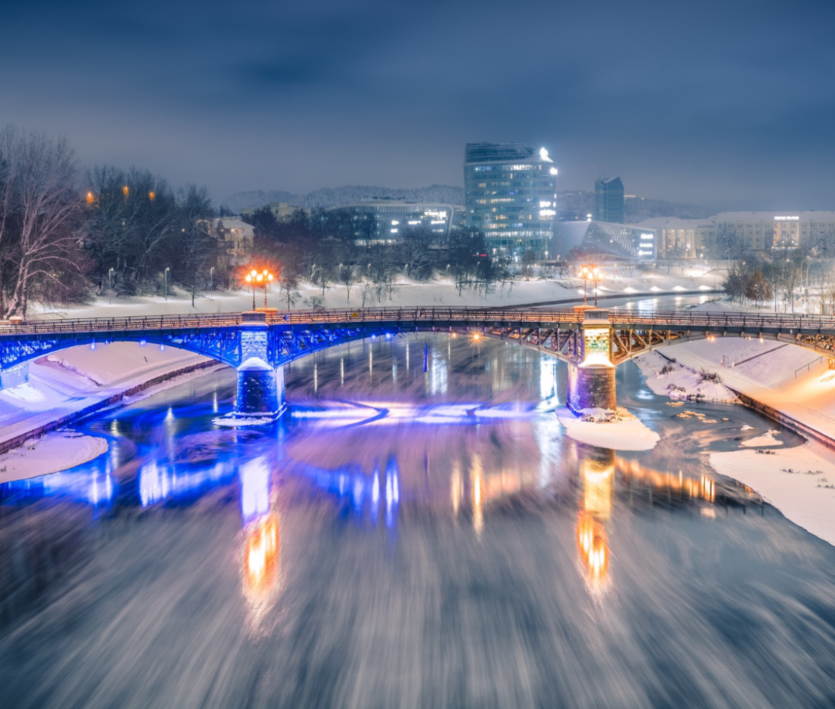 Vilnius, Lithuania at nighttime in winter