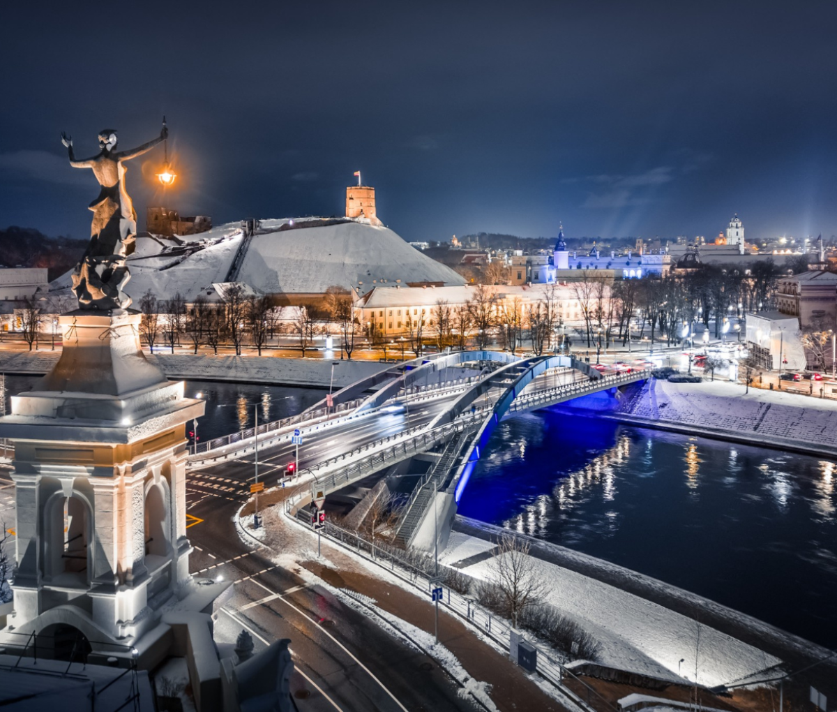 Winter nighttime drone shot in Vilnius, Lithuania